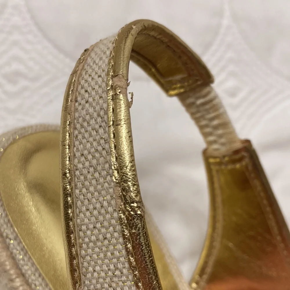 3/$15 Talbots Gold and Beige Espadrilles Peep Toe Wedges, Heels, Sandals 6.5 - Picture 8 of 9